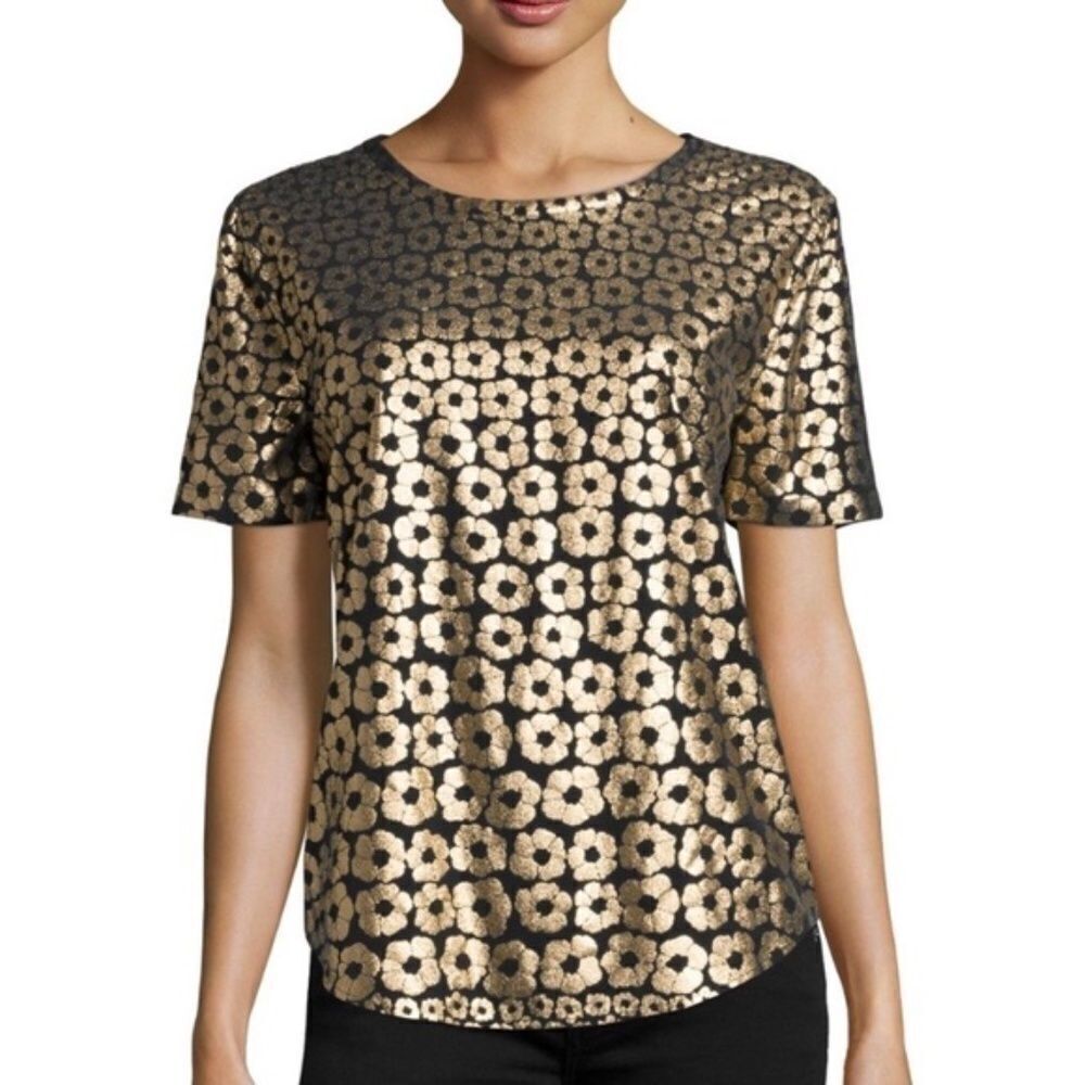 EQUIPMENT |Ā Riley MetallicāGoldāFloralāPrintāShortāSleeve